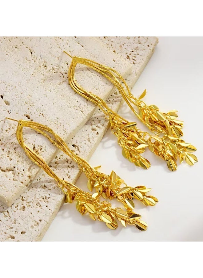 Gold Plated Women's Long Leaf Tassel Earrings Elegant Dainty Versatile for Daily & Special Occasions - Image 3