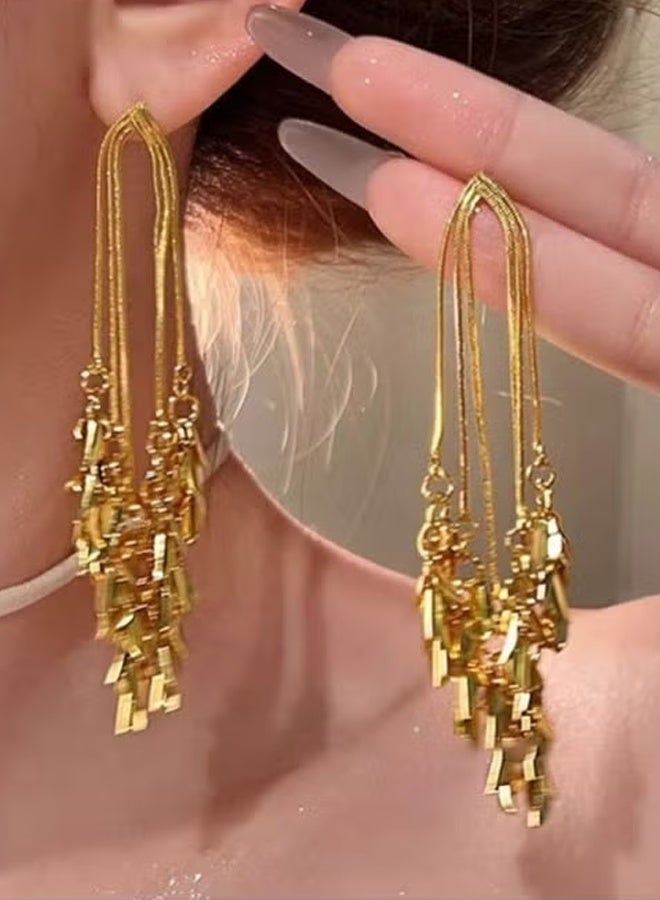 DAEVO Gold Plated Multi-Layer Leaf Tassel Fringe Dangle Earrings for Women - Image 3