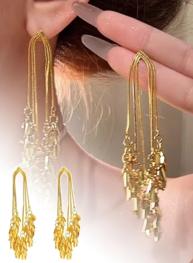 DAEVO Gold Plated Multi-Layer Leaf Tassel Fringe Dangle Earrings for Women - Image 1