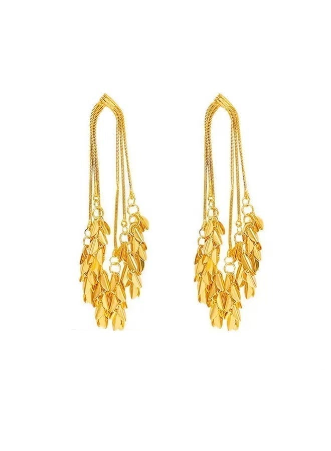 DAEVO Gold Plated Multi-Layer Leaf Tassel Fringe Dangle Earrings for Women - Image 2