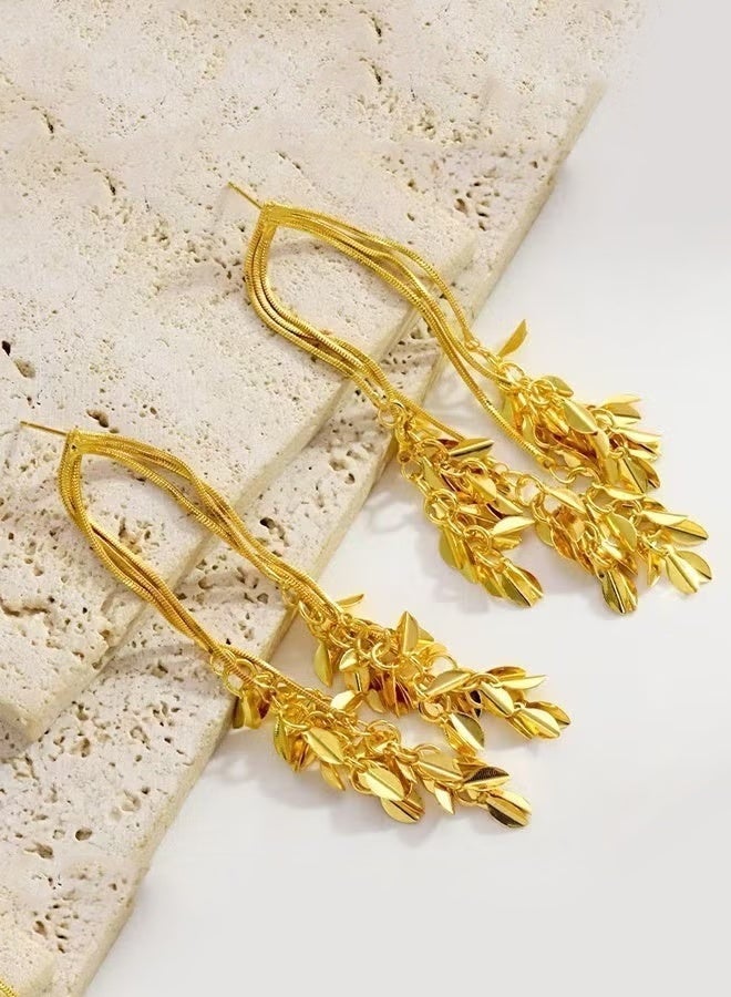 DAEVO Gold Plated Multi-Layer Leaf Tassel Fringe Dangle Earrings for Women - Image 5