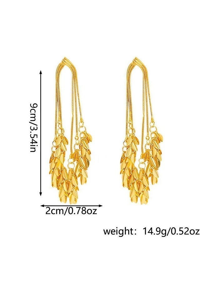DAEVO Gold Plated Multi-Layer Leaf Tassel Fringe Dangle Earrings for Women - Image 4