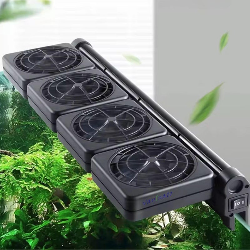 VAYINATO ® Four Head Fish Tank Cooling Fan System, 2 Wind Speed Adjustable Cooling Fan Fish Tank Cold Wind Chiller, Angle Adjustable Clip On Chiller (Black) by Petzlifeworld - Image 1