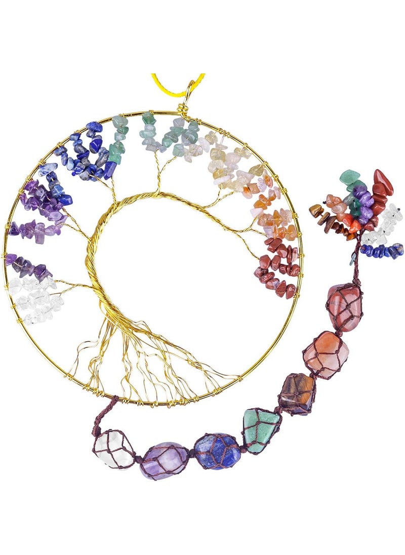 mookaitedecor mookaitedecor 7 Chakra Crystal Tree of Life with Tumbled Stones Wall Hanging Ornament Window Home Decor 23-24 Inch 