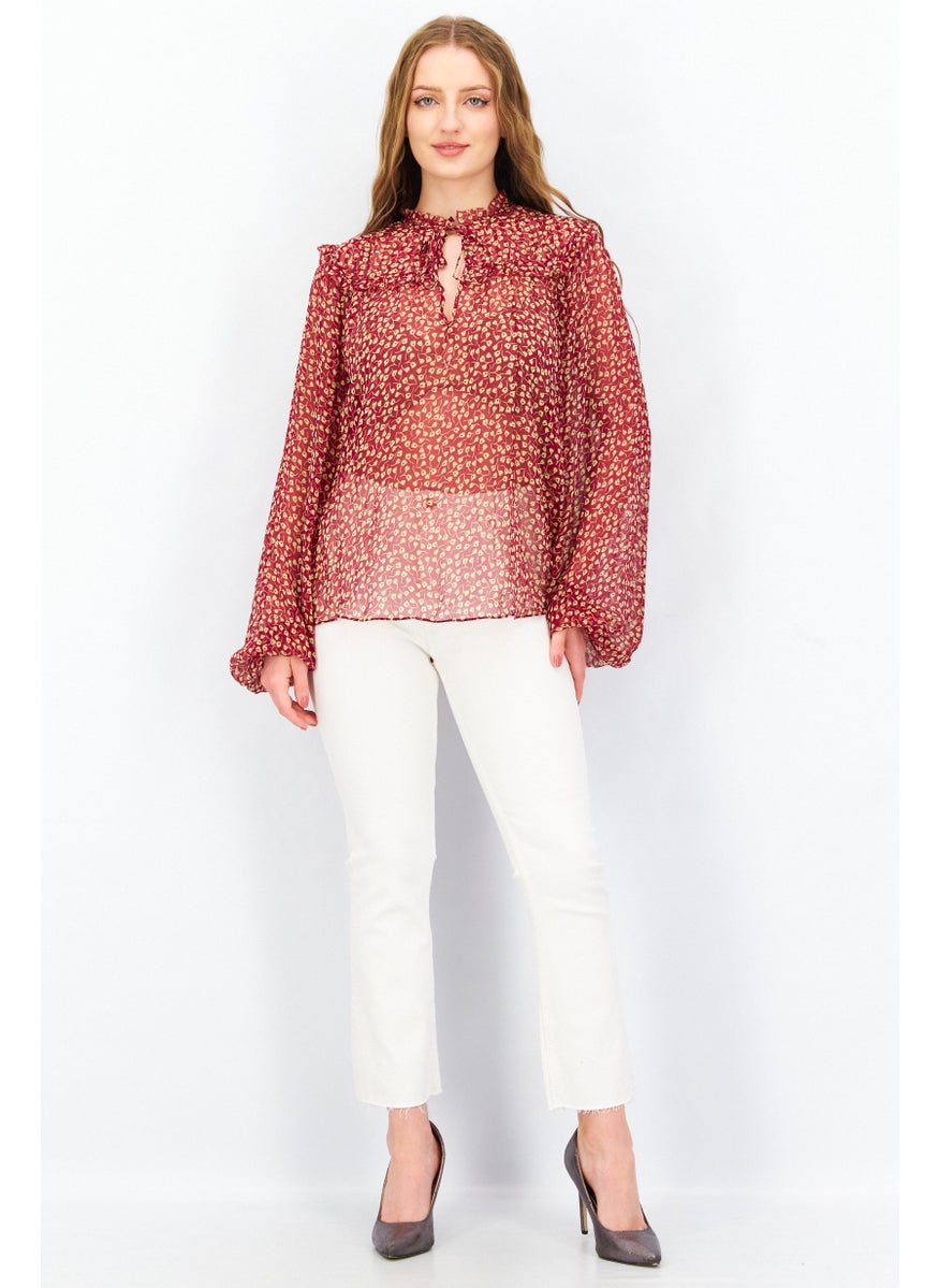 joie - Women Tie Neck Long Sleeve Allover Print Blouse, Red Combo - Image 1