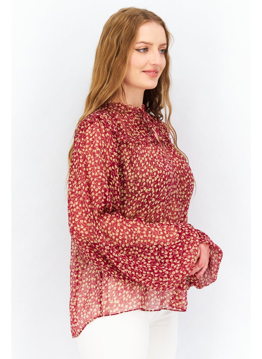 joie - Women Tie Neck Long Sleeve Allover Print Blouse, Red Combo - Image 1