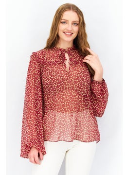 Women Tie Neck Long Sleeve Allover Print Blouse, Red Combo