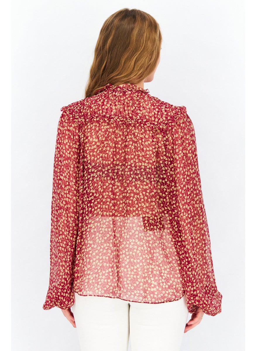 joie - Women Tie Neck Long Sleeve Allover Print Blouse, Red Combo - Image 1
