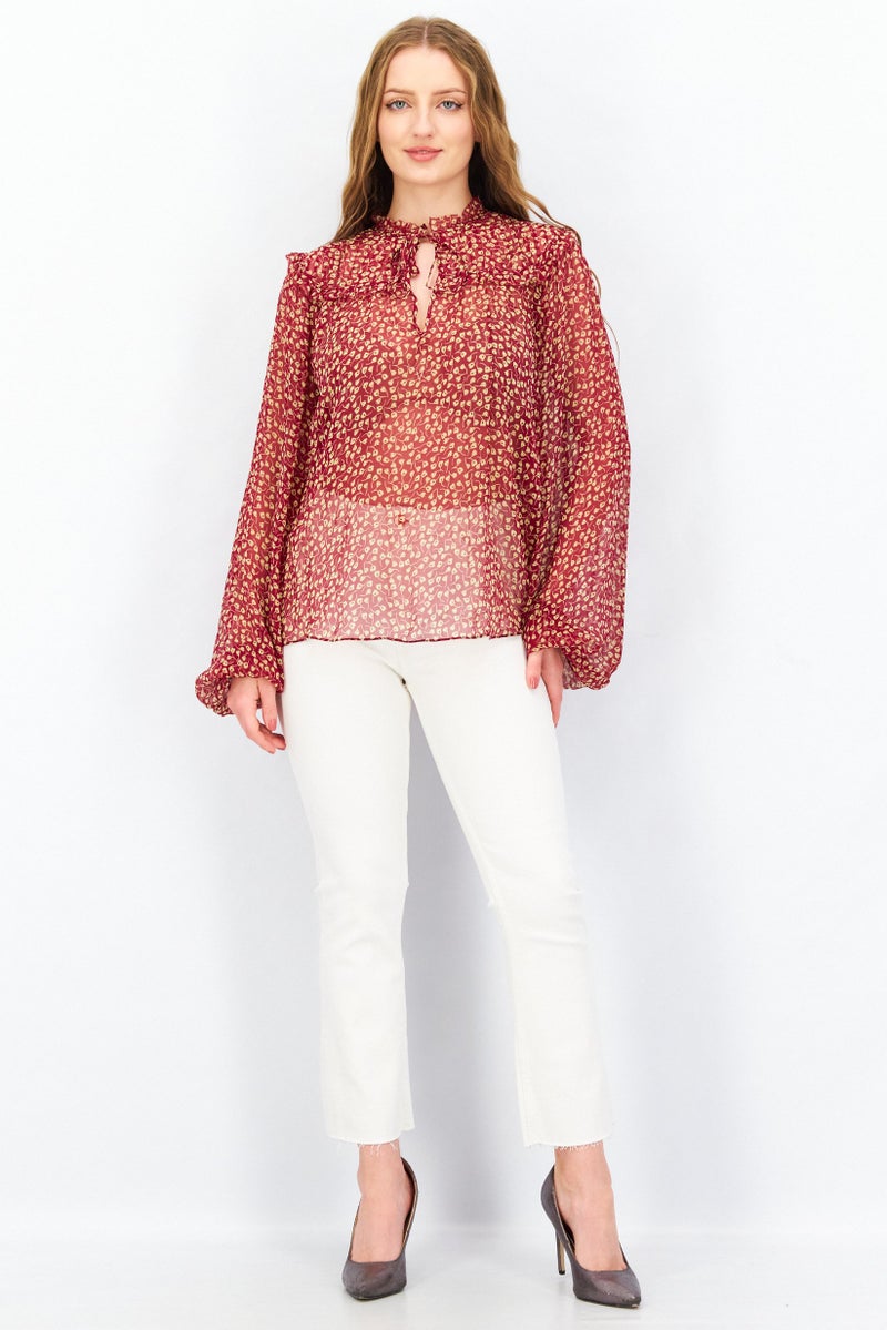 joie Women Tie Neck Long Sleeve Allover Print Blouse, Red Combo - Image 4