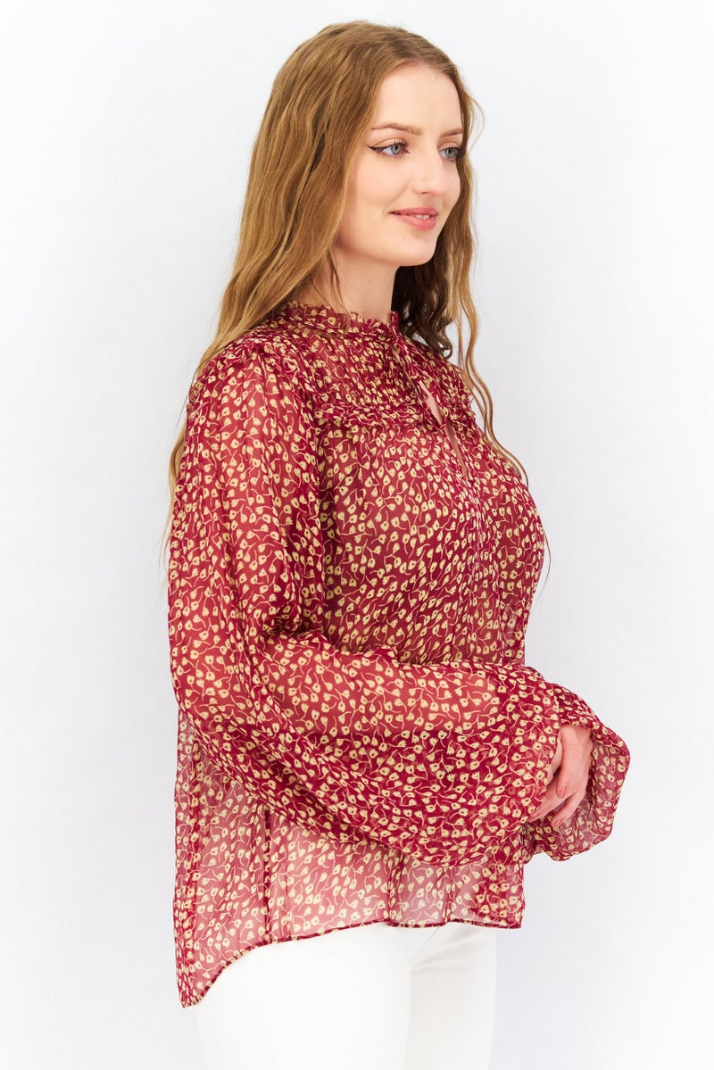 joie Women Tie Neck Long Sleeve Allover Print Blouse, Red Combo - Image 2