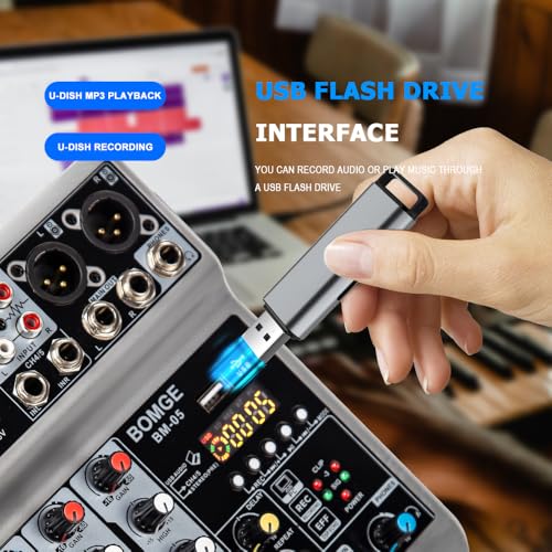 BOMGE Audio Mixer, Sound Board Mixing Console with 5 Channel Digital USB Bluetooth Echo Delay Effect, 48V Phantom Power Stereo DJ Mixers for Recording, Live Streaming, Podcasting (BM-05 5 canales) - Image 5