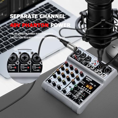 BOMGE Audio Mixer, Sound Board Mixing Console with 5 Channel Digital USB Bluetooth Echo Delay Effect, 48V Phantom Power Stereo DJ Mixers for Recording, Live Streaming, Podcasting (BM-05 5 canales) - Image 2