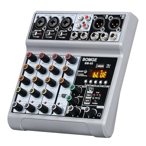 BOMGE Audio Mixer, Sound Board Mixing Console with 5 Channel Digital USB Bluetooth Echo Delay Effect, 48V Phantom Power Stereo DJ Mixers for Recording, Live Streaming, Podcasting (BM-05 5 canales) - Image 1