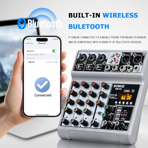 BOMGE Audio Mixer, Sound Board Mixing Console with 5 Channel Digital USB Bluetooth Echo Delay Effect, 48V Phantom Power Stereo DJ Mixers for Recording, Live Streaming, Podcasting (BM-05 5 canales) - Image 3