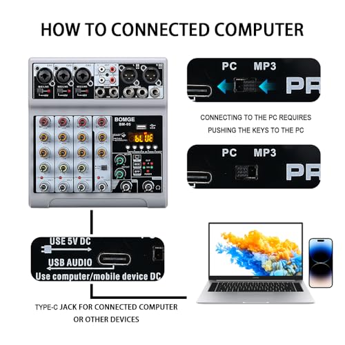 BOMGE Audio Mixer, Sound Board Mixing Console with 5 Channel Digital USB Bluetooth Echo Delay Effect, 48V Phantom Power Stereo DJ Mixers for Recording, Live Streaming, Podcasting (BM-05 5 canales) - Image 4