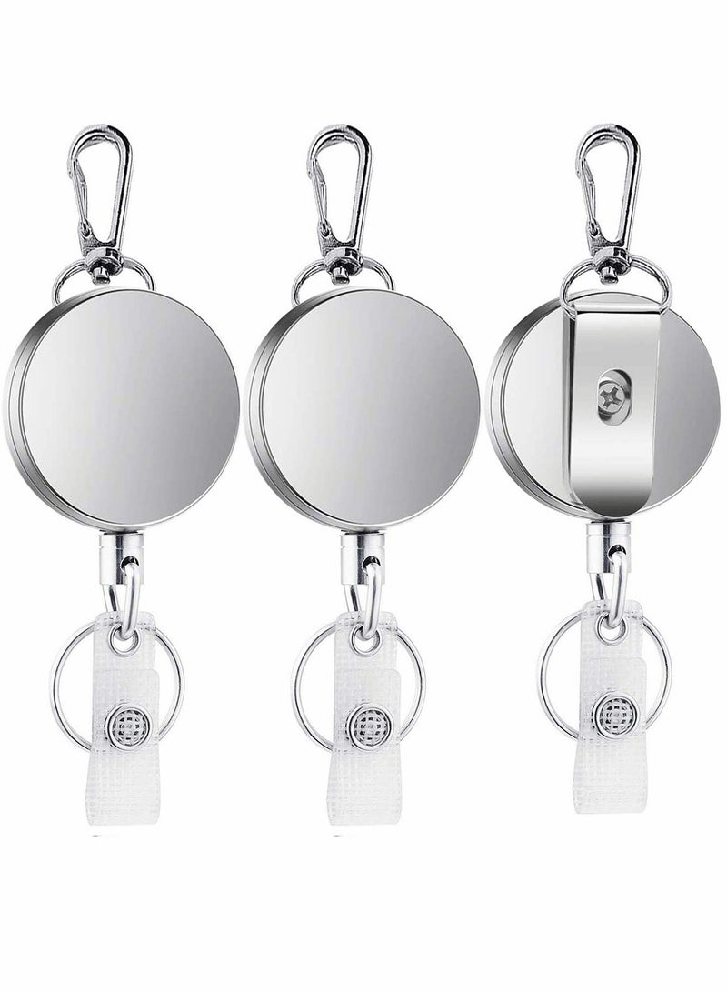 KASTWAVE Retractable Badge Holder Reel Clip 3 Pack Heavy Duty Metal ID Badge Holder with Swivel Snap Hook Metal Body and Clip Retractable Cord ID Strap and Key Ring Key Chain Silver - Image 1