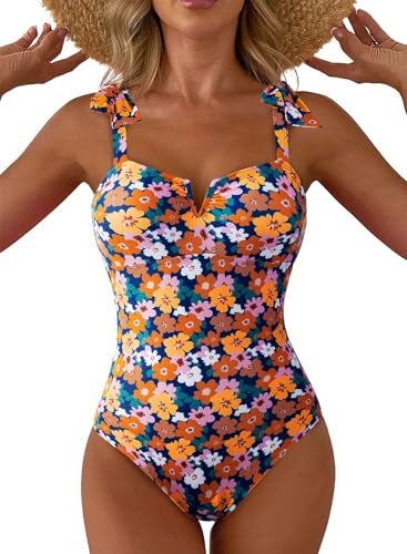 Aleumdr Womens 2026 One Piece Swimsuits Tummy Control Bathing Suit Athletic Swimwear Print Floral V Neck Slimming Adjustable Straps Push Up Swimwear Yellow X-Large - Image 1
