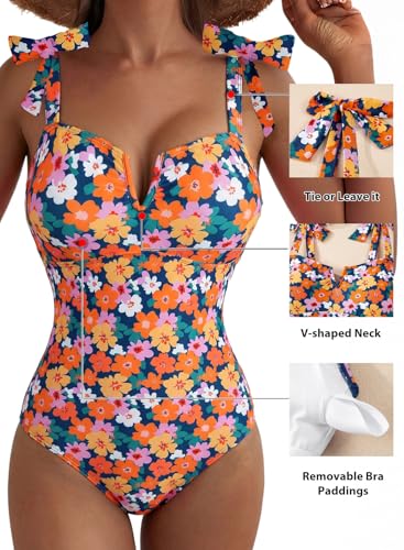 Aleumdr Womens 2026 One Piece Swimsuits Tummy Control Bathing Suit Athletic Swimwear Print Floral V Neck Slimming Adjustable Straps Push Up Swimwear Yellow X-Large - Image 5