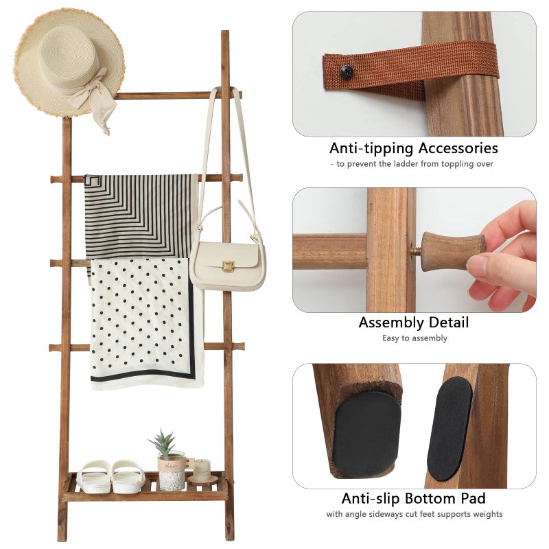 FUIN 5ft Wood Blanket Ladder with Bottom Shelf for Living Room Decorative Wall Leaning Farmhouse Quilt Display Holder Storage Rustic Wooden Towel Rack for Bathroom, Light Brown - Image 5