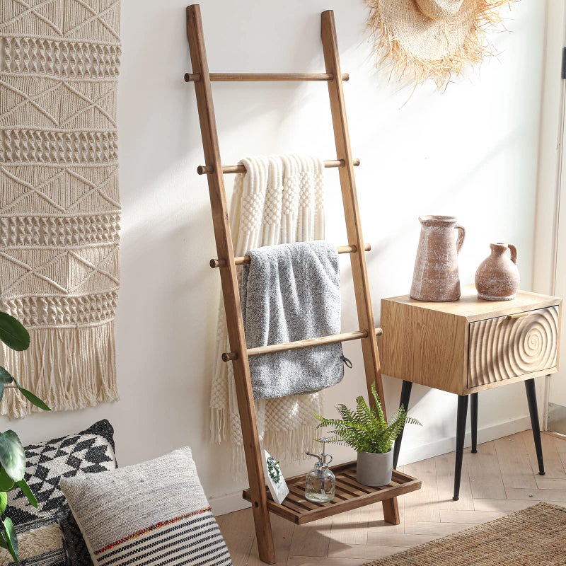 FUIN 5ft Wood Blanket Ladder with Bottom Shelf for Living Room Decorative Wall Leaning Farmhouse Quilt Display Holder Storage Rustic Wooden Towel Rack for Bathroom, Light Brown - Image 2