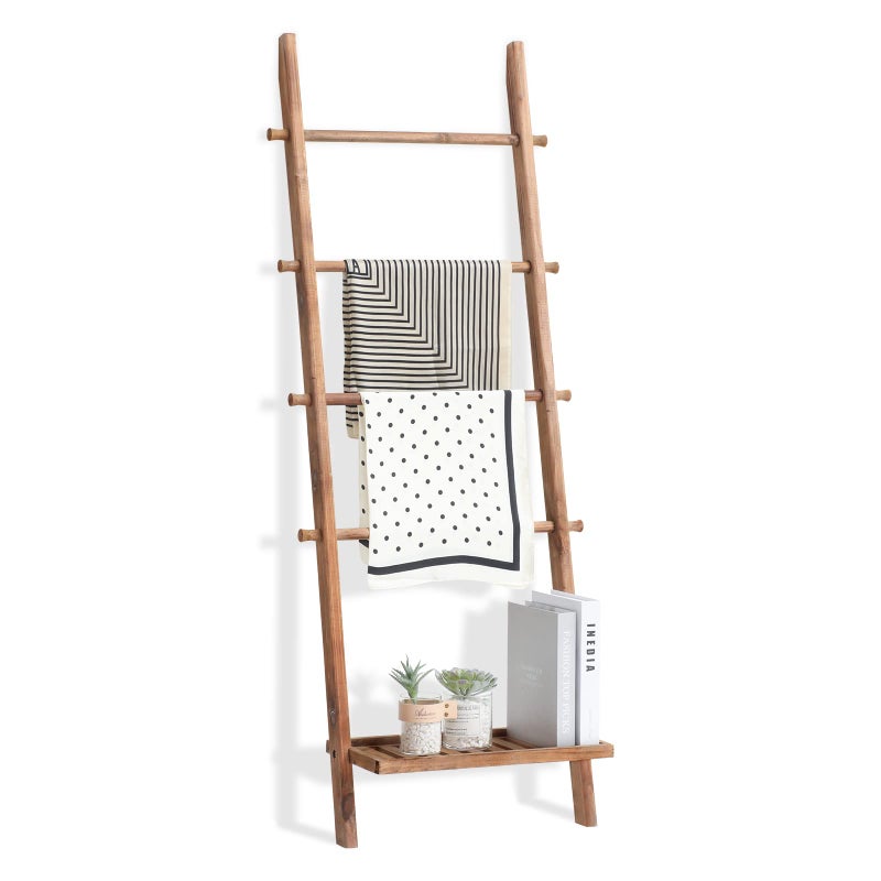 FUIN 5ft Wood Blanket Ladder with Bottom Shelf for Living Room Decorative Wall Leaning Farmhouse Quilt Display Holder Storage Rustic Wooden Towel Rack for Bathroom, Light Brown - Image 1