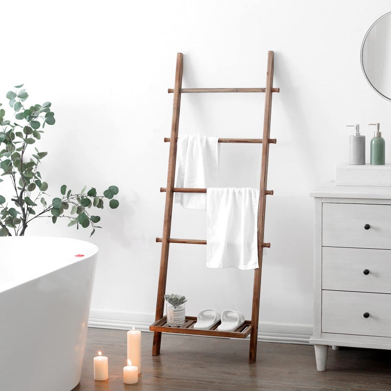 FUIN 5ft Wood Blanket Ladder with Bottom Shelf for Living Room Decorative Wall Leaning Farmhouse Quilt Display Holder Storage Rustic Wooden Towel Rack for Bathroom, Light Brown - Image 4