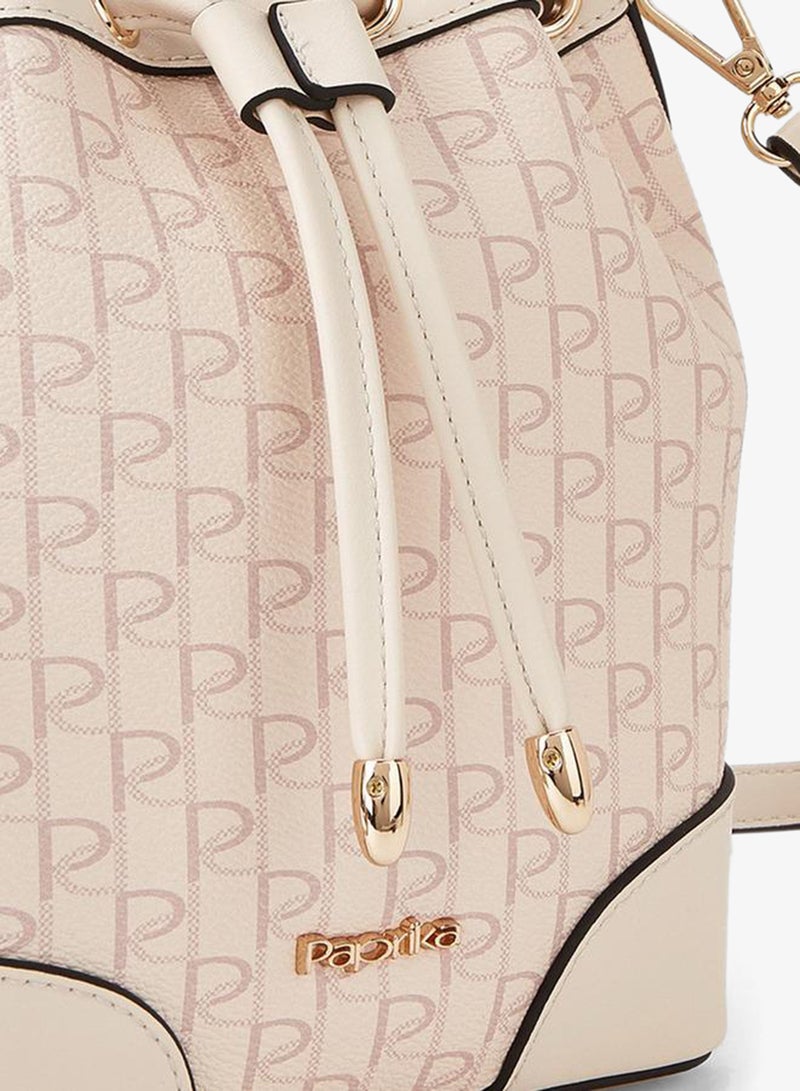 Paprika Monogram Print Bucket Bag with Detachable Strap and Drawstring Closure - Image 3