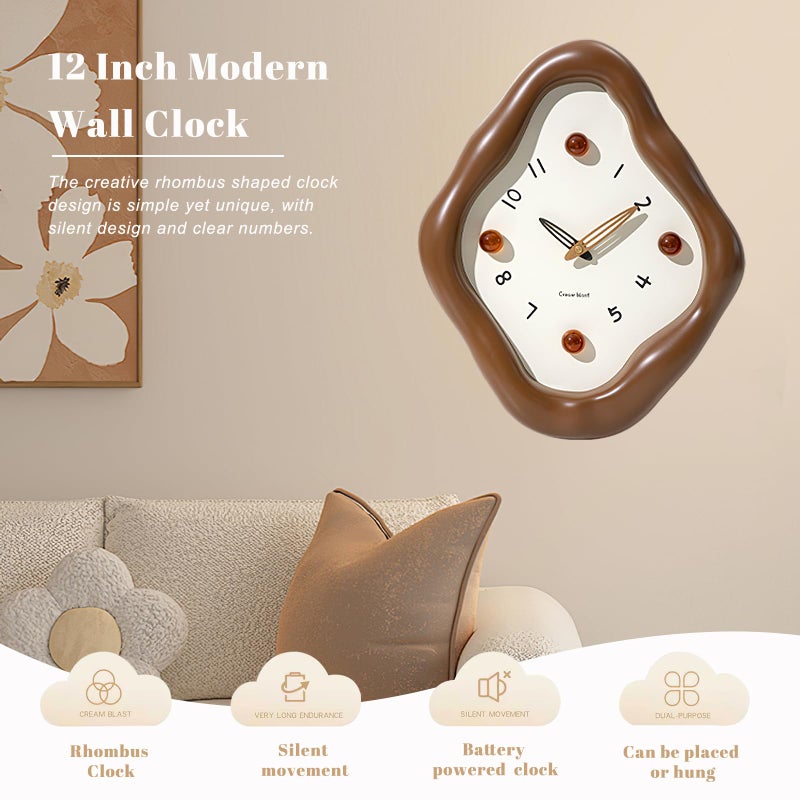 JUSTUP Wall Clock, 12 Inch Modern Wall Clock, Creative Rhombus Battery Powered Clock, Silent Clock Non Ticking for Office, Living Room, Home, Elegant Clocks for Bedroom Decorative (Brown) - Image 2