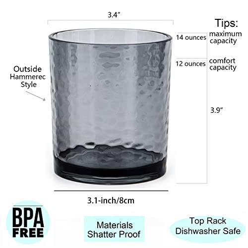 KX-WARE 14-ounce and 20-ounce Acrylic Glasses Plastic Tumbler, set of 8 Smoky Grey - Hammered Style, Dishwasher Safe, BPA Free - Image 2