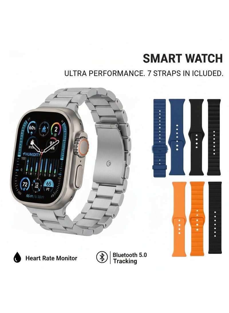 Smart Watch Ultra3 , 7 IN 1 With Health Fitness Tracker Sport Watch, 7 addition Replacement Band 49MM-Silver - Image 1
