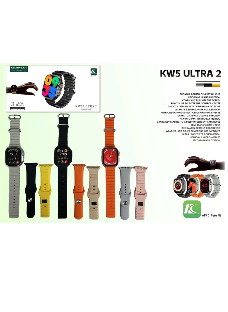 micro speed - Smart Watch KW5 Ultra2 , 3 IN 1 With Health Fitness Tracker Sport Watch, 3 addition Replacement Band 49MM-Silver - Image 1