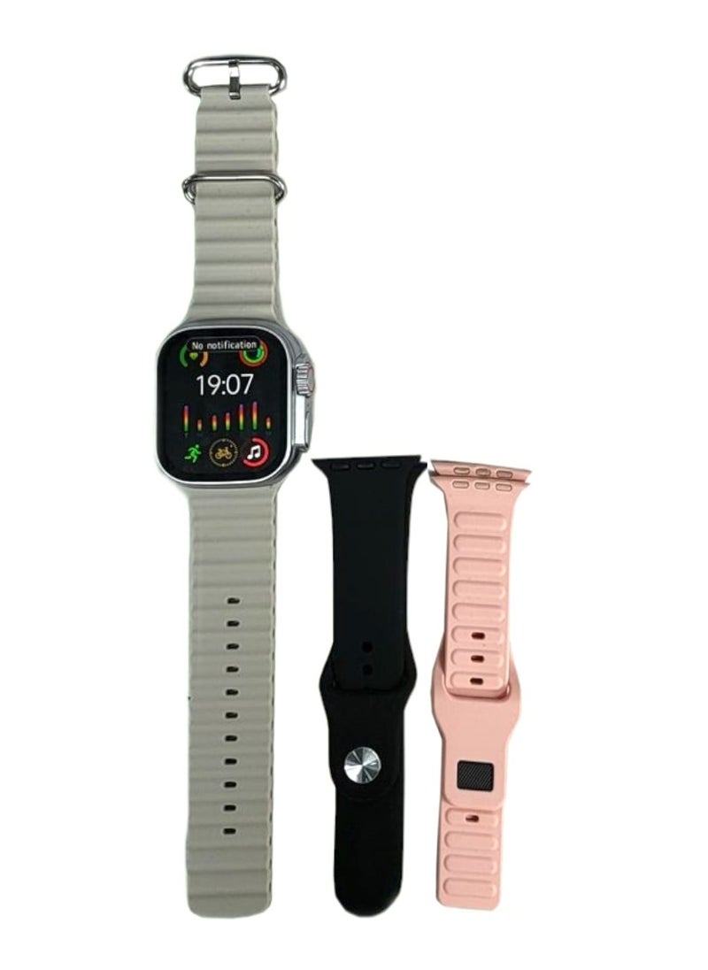 micro speed - Smart Watch KW5 Ultra2 , 3 IN 1 With Health Fitness Tracker Sport Watch, 3 addition Replacement Band 49MM-Silver - Image 1