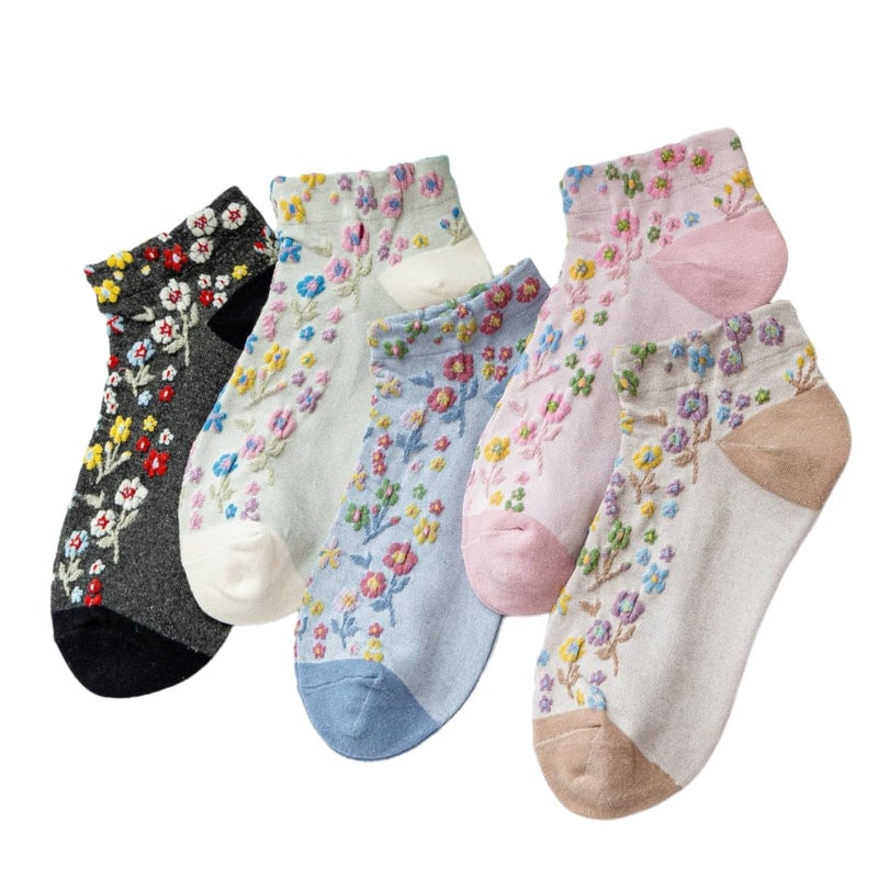 FORJMMP 5 Pairs Cute Ankle Socks Kawaii Embroidered Floral Combed Cotton Socks For Girls Women (5 Pairs-Flower 02) - Image 1