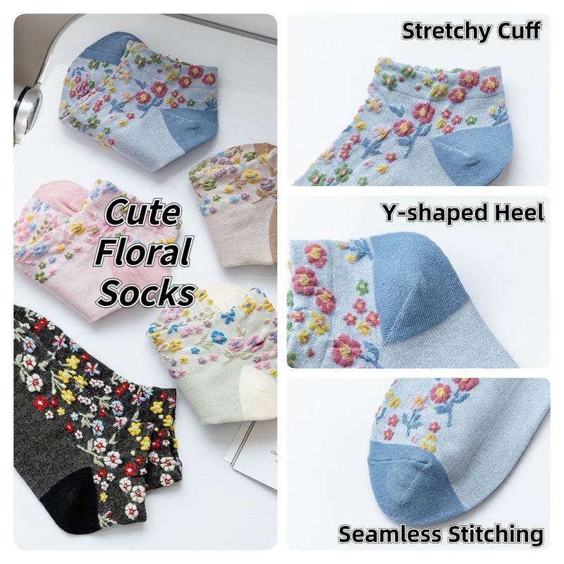 FORJMMP 5 Pairs Cute Ankle Socks Kawaii Embroidered Floral Combed Cotton Socks For Girls Women (5 Pairs-Flower 02) - Image 4