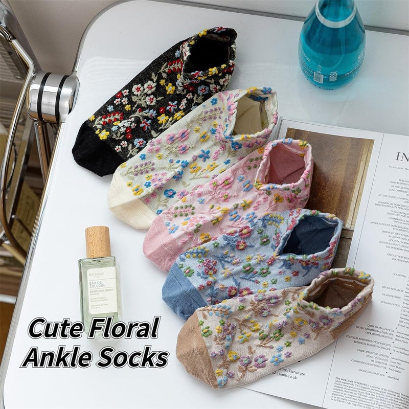 FORJMMP 5 Pairs Cute Ankle Socks Kawaii Embroidered Floral Combed Cotton Socks For Girls Women (5 Pairs-Flower 02) - Image 3