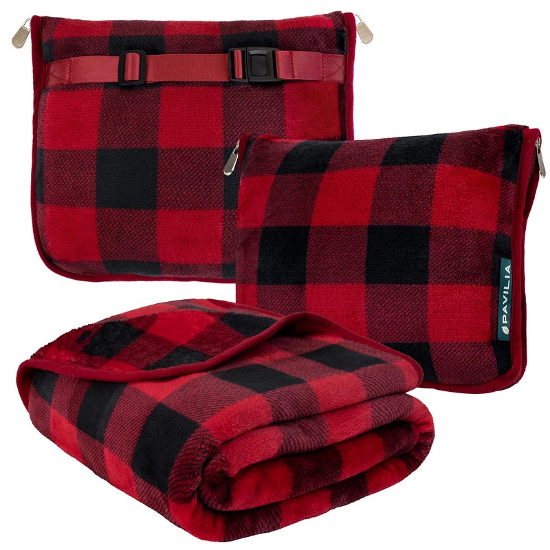 PAVILIA Travel Blanket Pillow, Soft Airplane Blanket 2-IN-1 Combo Set, Plane Blanket Compact Packable, Flight Essential Car Pillow, Travelers Gift Accessories Luggage Backpack Strap, 60x43 Checker Red - Image 1