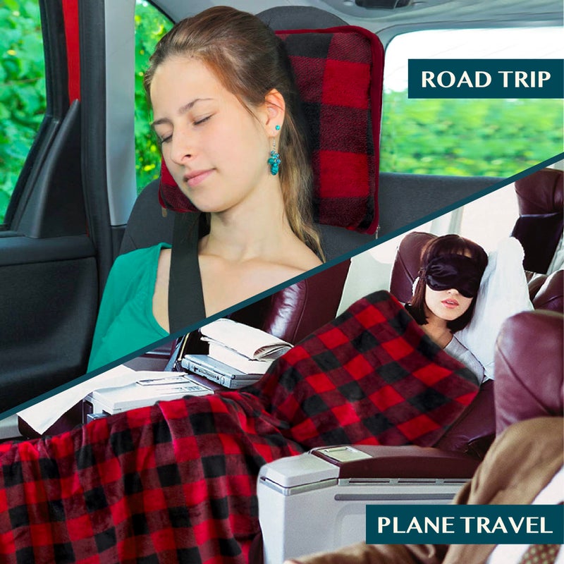 PAVILIA Travel Blanket Pillow, Soft Airplane Blanket 2-IN-1 Combo Set, Plane Blanket Compact Packable, Flight Essential Car Pillow, Travelers Gift Accessories Luggage Backpack Strap, 60x43 Checker Red - Image 5