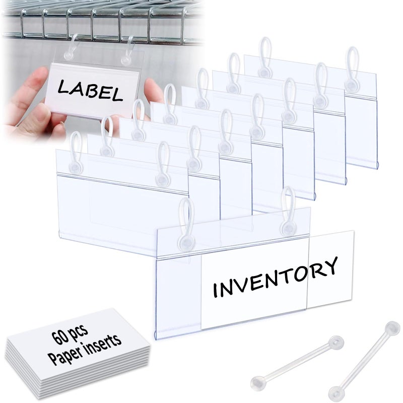 ChanQnTon Plastic Shelf Labels, 60pcs Label Holders with 120pcs Snap Lock Hanging Loops and 60pcs Matched Paper Inserts for Wire Basket,Price Tags,Shelf Tags for Wire Shelving 3.15x1.57inch - Image 1