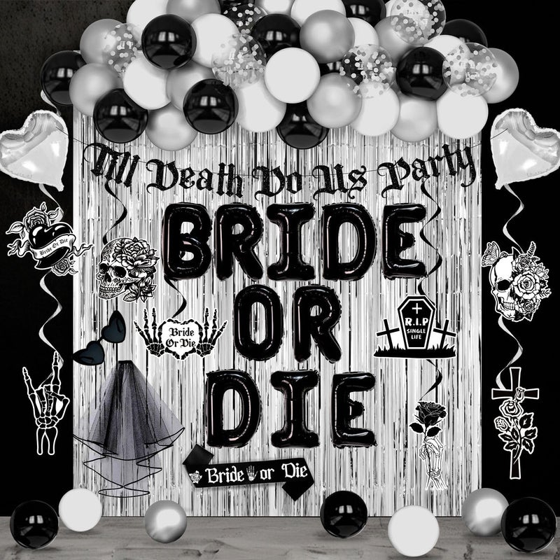 LANGASQUE Bride or Die Bachelorette Party Decorations 67pcs Till Death Do Us Party Banner Balloons Swirl Fringe Curtains Shoulder Strap Veil Til Death Do Us Party Bachelorette Party Supplies - Image 2