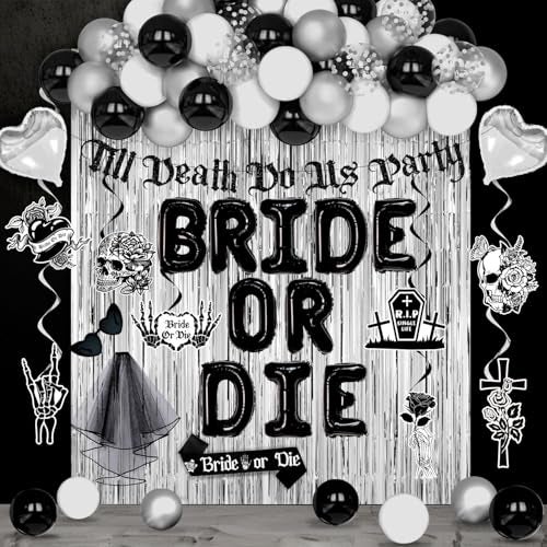 LANGASQUE Bride or Die Bachelorette Party Decorations 67pcs Till Death Do Us Party Banner Balloons Swirl Fringe Curtains Shoulder Strap Veil Til Death Do Us Party Bachelorette Party Supplies - Image 1