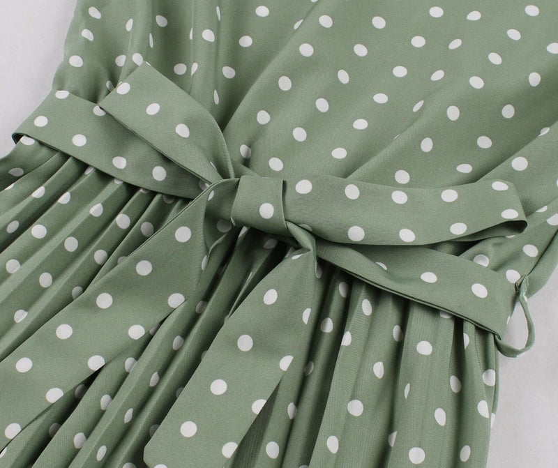 Wellwits Women's Cap Sleeves Pleated 40s 50s Vintage Dress Green Polka Dots M - Image 4