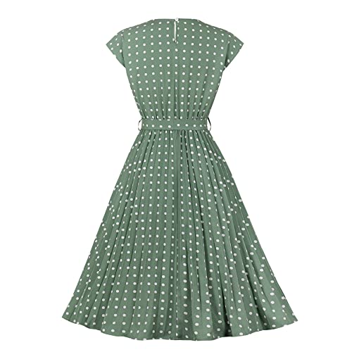 Wellwits Women's Cap Sleeves Pleated 40s 50s Vintage Dress Green Polka Dots M - Image 2