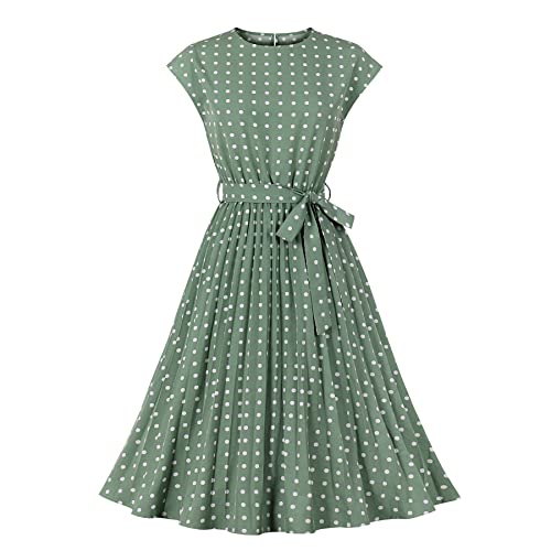 Wellwits Women's Cap Sleeves Pleated 40s 50s Vintage Dress Green Polka Dots M - Image 1