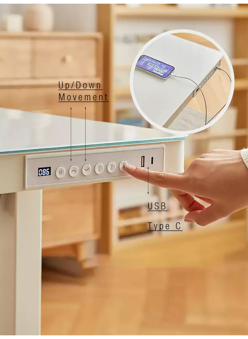 Merry Moments Home Office Desk Gaming Desk Office Table Workstation Computer Desk Electric Motorised Height Adjustable White with Tempered Glass Top USB Type C Size: W120 x W60 cm - Image 3