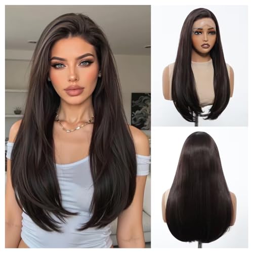 ASSU Lace Front Wig 13x4 HD Transparent for Women | 24 Inch Deep Brown Synthetic Hair Wig | Glueless Wig | Heat Resistant Fiber | Natural Hairline | Lightweight Daily Wear - Image 1