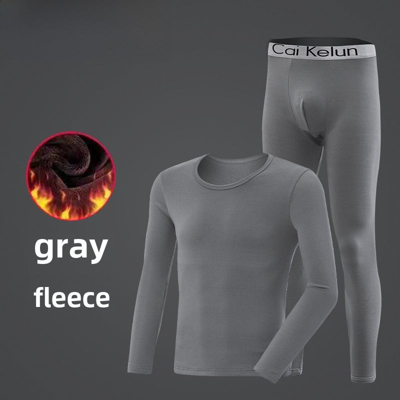 Mens Slim Thermal Underwear Cotton Set Plush suit Gray 