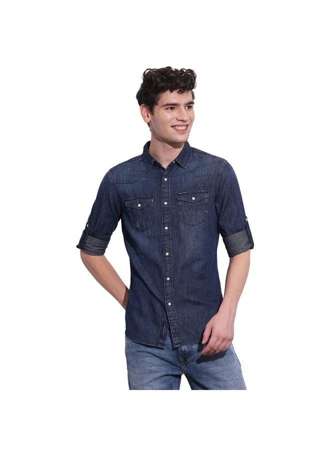 بيينغ هيومان Mens Dark Blue Collared Long Sleeve Shirt