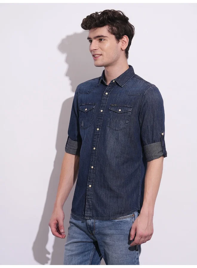 بيينغ هيومان Mens Dark Blue Collared Long Sleeve Shirt