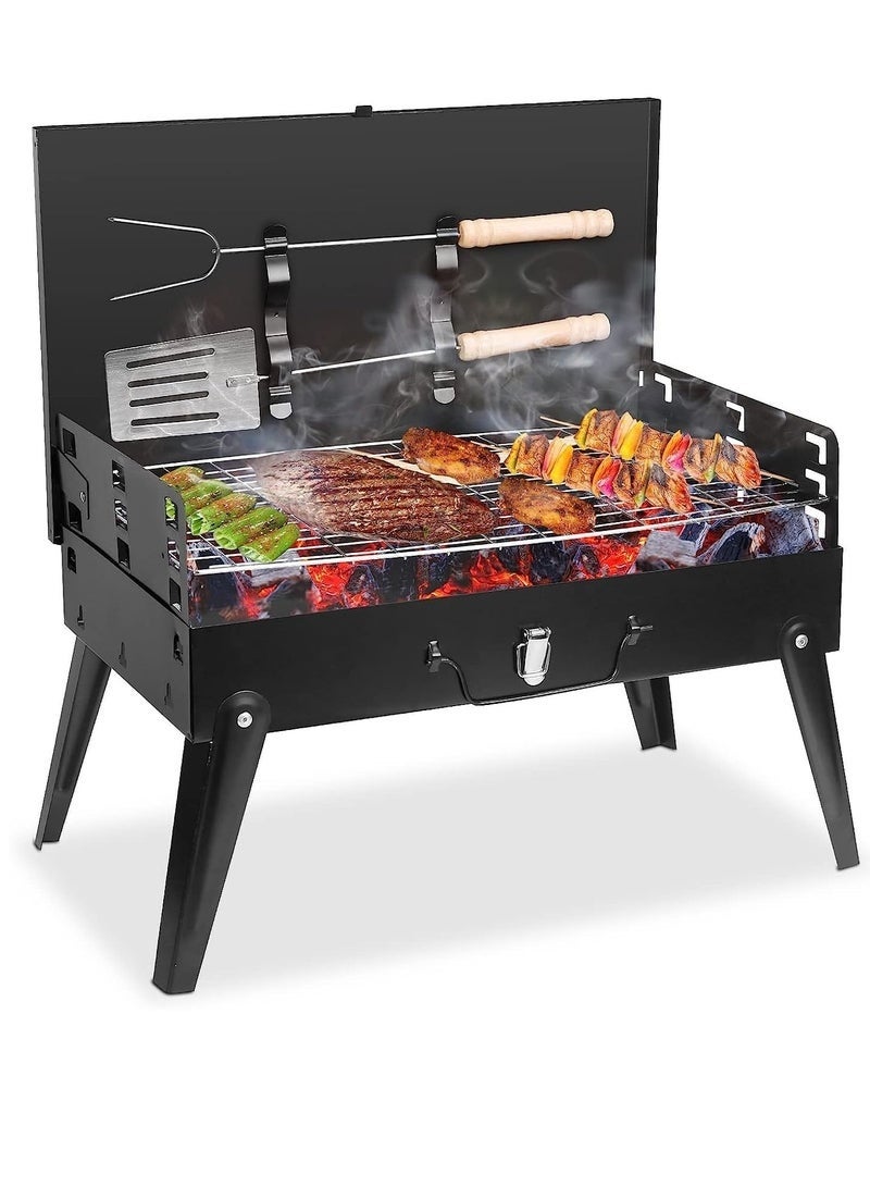 DURKU Outdoor Portable Charcoal Grill Folding Small BBQ Grill Foldable Camping Barbecue Grill with Barbecue Accessories & Lid for Patio Outdoor Cooking Camp Picnic Hiking Beach Party - Image 1