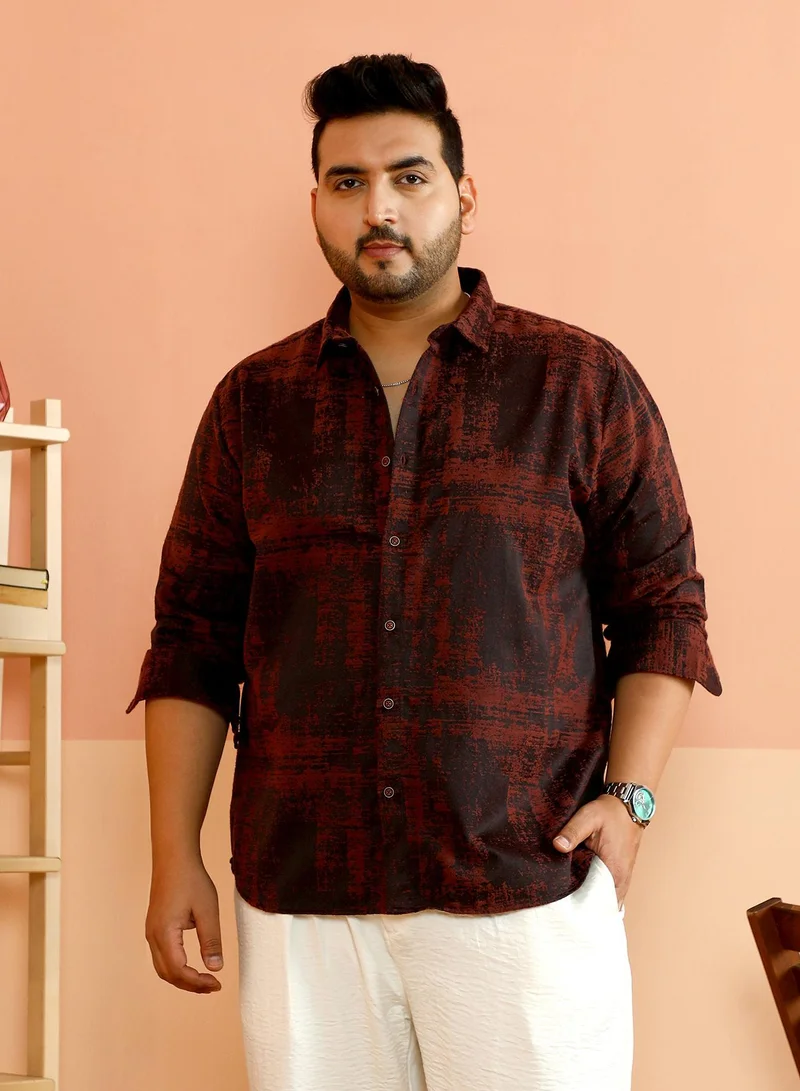 انستافاب بلس قميص رجالي منسوج بتدرج لوني عنابي كاجوال بياقة عريضة وأكمام طويلة بأزرار مقاس كبير بتصميم مريح للاستخدام اليومي